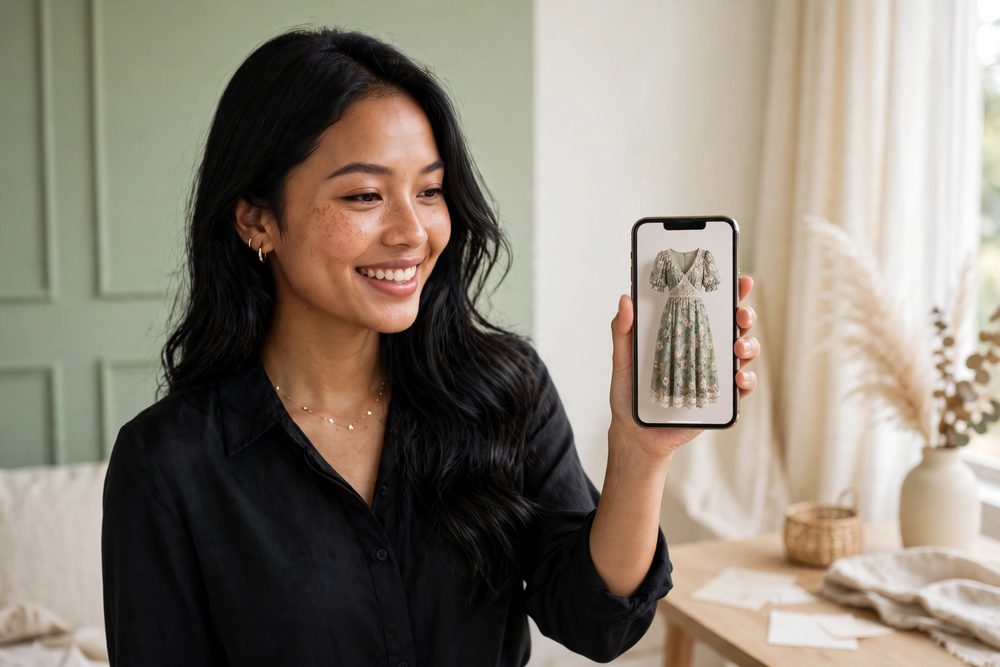 Karakter Cantikna memegang ponsel berisi foto dress yang ingin dicoba