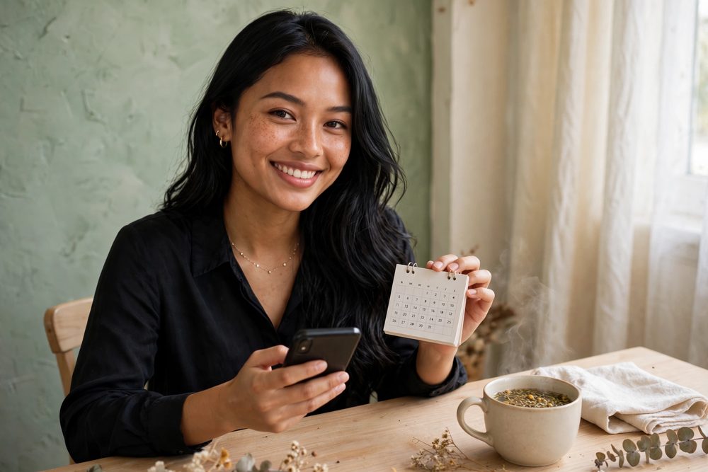 Karakter Cantikna tersenyum sambil memegang kalender dan ponsel